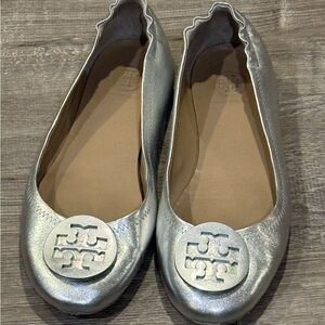 Tory Burch Metallic Silver Reva Logo Ballet Flats